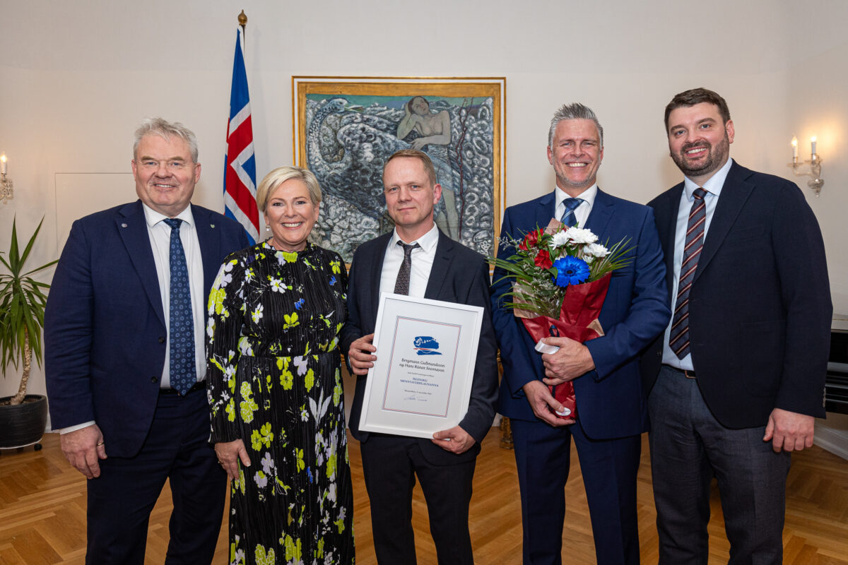 Hans Rúnar and Bergmann receiving the Encouragement Award at the Icelandic Education Awards 2024 from the President of Iceland