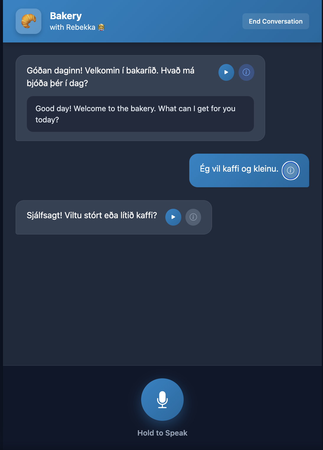Conversation practice with AI tutor Rebekka at a bakery